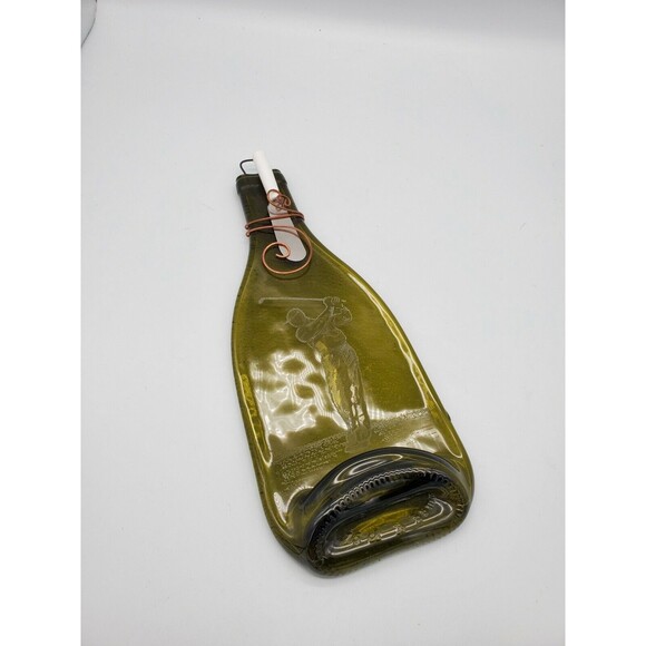 Cheese Plate Green Wine Bottle Serving Dish Spoon Rest Etched Golfer Flattened - Picture 10 of 12